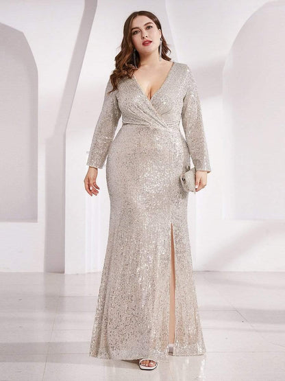 pretty NYX|Plus Size Sexy Deep V-Neck Sequin Bodice Formal Evening Gowns