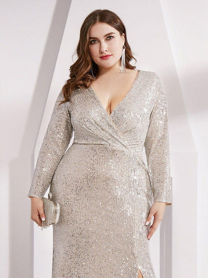 ever NYX|Shiny V Neck Sequin Long Sleeves Evening Dress
