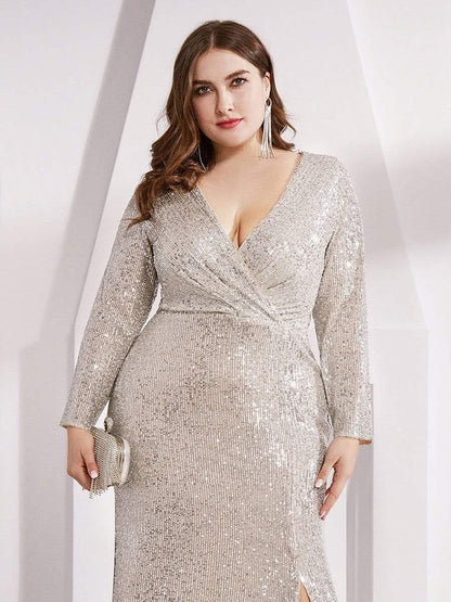 pretty NYX|Plus Size Sexy Deep V-Neck Sequin Bodice Formal Evening Gowns