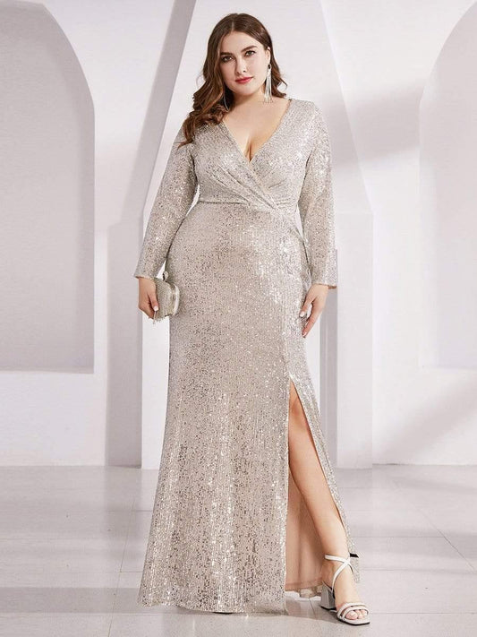 pretty NYX|Plus Size Sexy Deep V-Neck Sequin Bodice Formal Evening Gowns