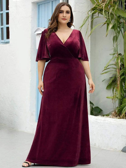 ever REINE|Elegant Double V Neck Velvet Evening Dress with Sleeves