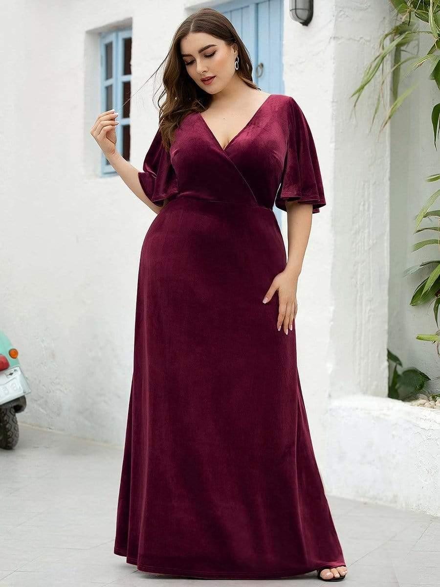 ever REINE|Elegant Double V Neck Velvet Evening Dress with Sleeves