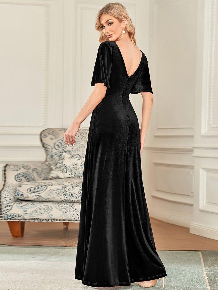 ever REINE|Elegant Double V Neck Velvet Evening Dress with Sleeves