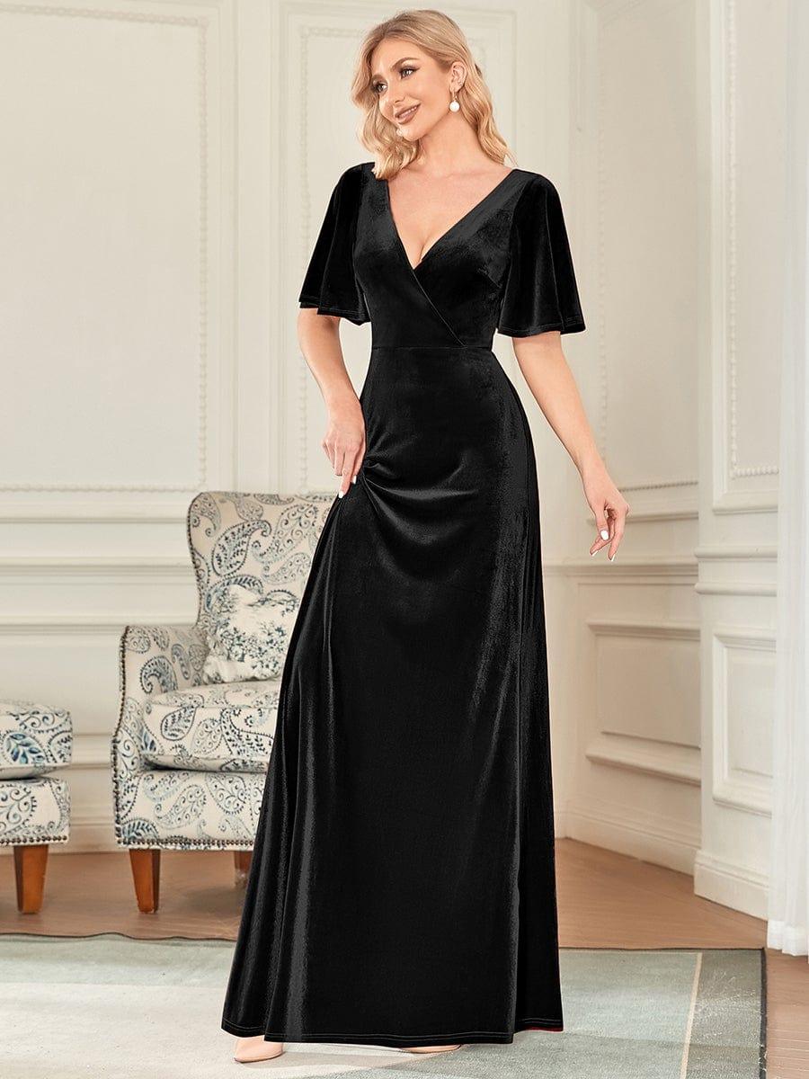 ever REINE|Elegant Double V Neck Velvet Evening Dress with Sleeves