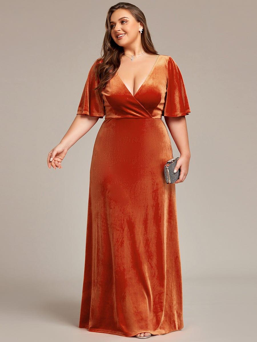 ever REINE|Elegant Double V Neck Velvet Evening Dress with Sleeves