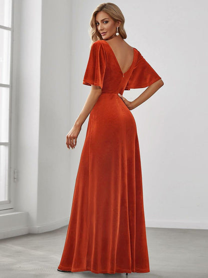 ever REINE|Elegant Double V Neck Velvet Evening Dress with Sleeves