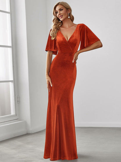 ever REINE|Elegant Double V Neck Velvet Evening Dress with Sleeves
