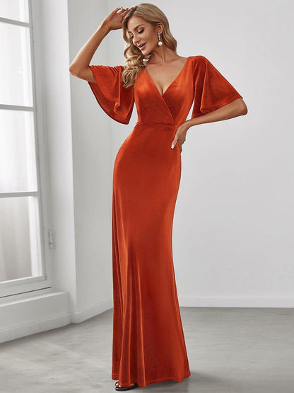 ever REINE|Elegant Double V Neck Velvet Evening Dress with Sleeves