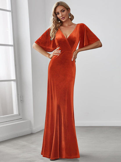 ever REINE|Elegant Double V Neck Velvet Evening Dress with Sleeves