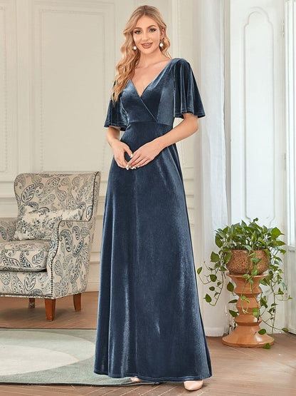 ever REINE|Elegant Double V Neck Velvet Evening Dress with Sleeves