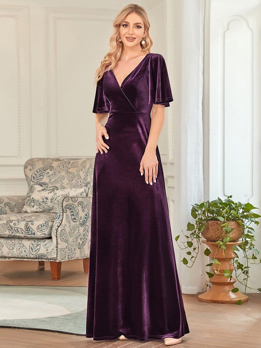 ever REINE|Elegant Double V Neck Velvet Evening Dress with Sleeves