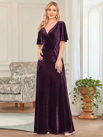 ever REINE|Elegant Double V Neck Velvet Evening Dress with Sleeves