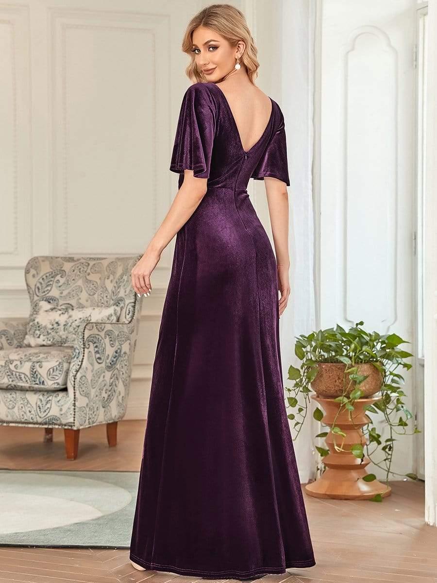 ever REINE|Elegant Double V Neck Velvet Evening Dress with Sleeves