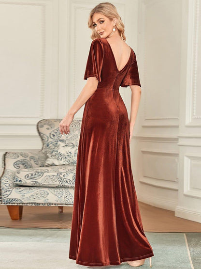 ever REINE|Elegant Double V Neck Velvet Evening Dress with Sleeves