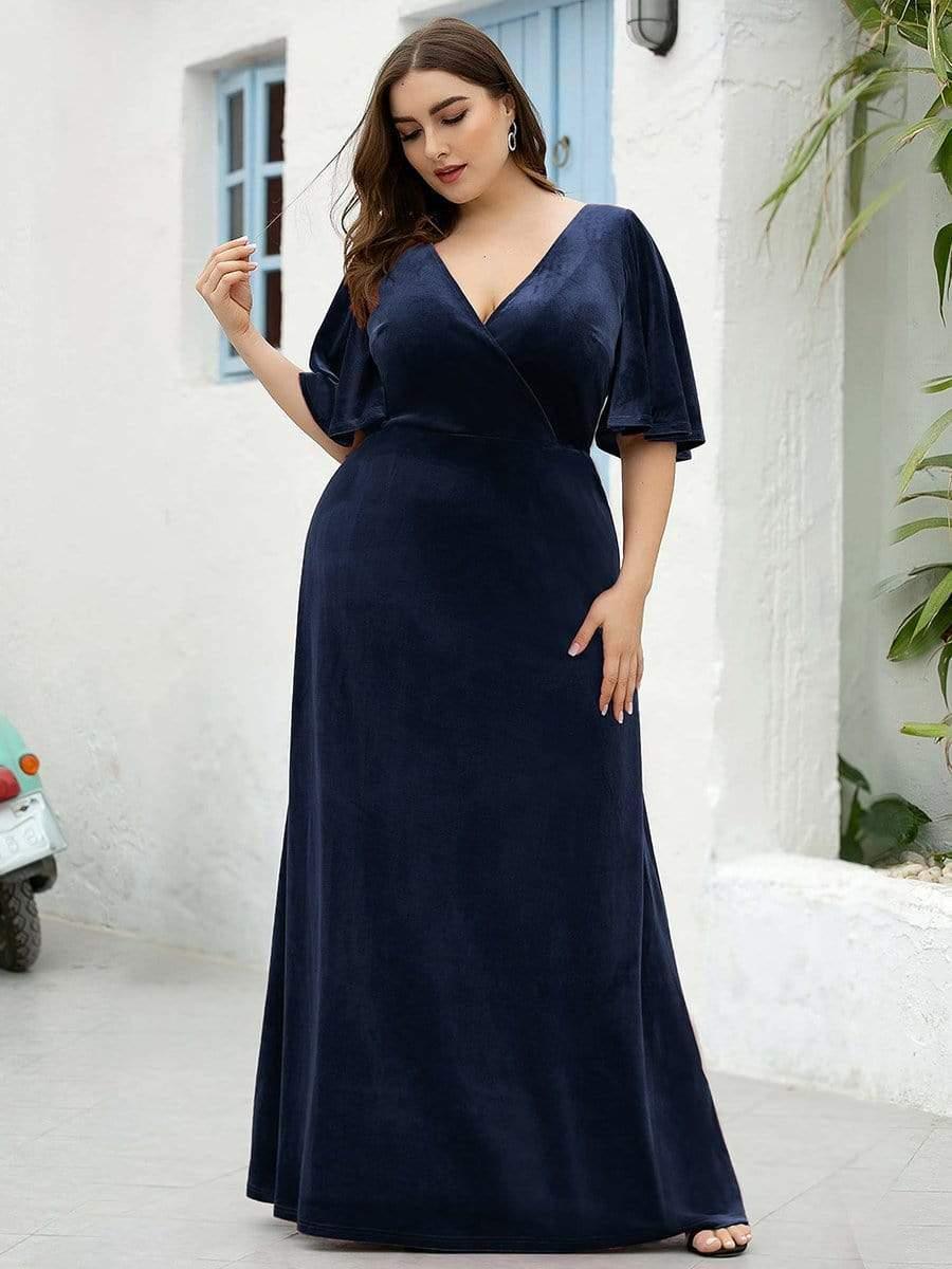 ever REINE|Elegant Double V Neck Velvet Evening Dress with Sleeves