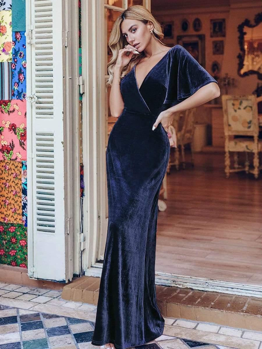 ever REINE|Elegant Double V Neck Velvet Evening Dress with Sleeves