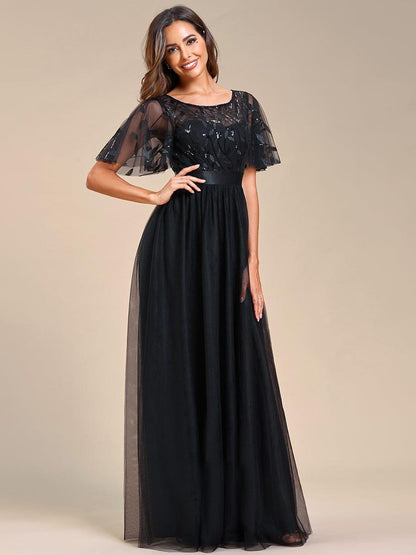 ever SAPHIR|Women's A-Line Short Sleeve Embroidery Floor Length Evening Dresses