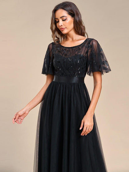ever SAPHIR|Women's A-Line Short Sleeve Embroidery Floor Length Evening Dresses