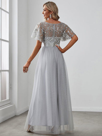 ever SAPHIR|Women's A-Line Short Sleeve Embroidery Floor Length Evening Dresses