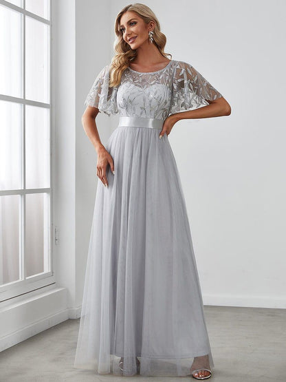 ever SAPHIR|Women's A-Line Short Sleeve Embroidery Floor Length Evening Dresses