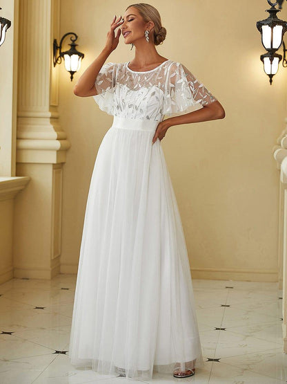 ever SAPHIR|Women's A-Line Short Sleeve Embroidery Floor Length Evening Dresses