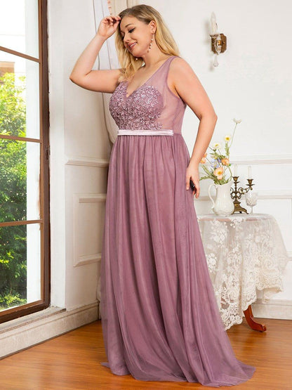 Plus Size Women's A-Line V-Neck Floral Lace Appliques Bridesmaid Dress