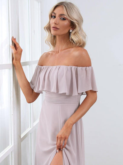 Women's Off Shoulder Ruffle Thigh Slit Bridesmaid Dresses