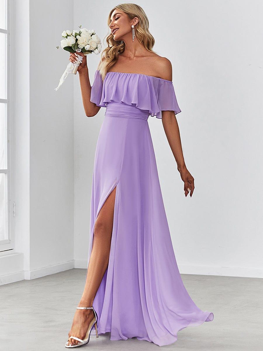 Women's Off Shoulder Ruffle Thigh Slit Bridesmaid Dresses