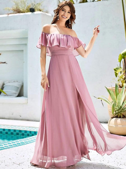 Women's Off Shoulder Ruffle Thigh Slit Bridesmaid Dresses
