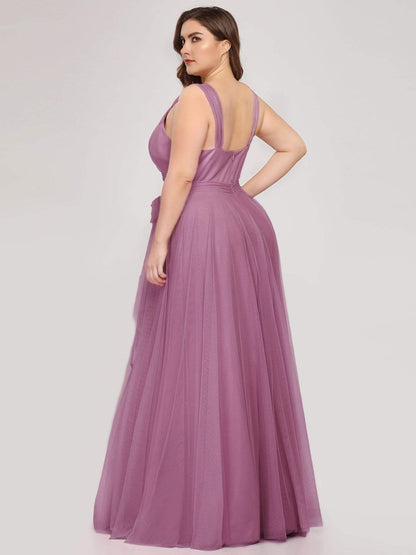 Plus Size Double V Neck Maxi Tulle Bridesmaid Dress