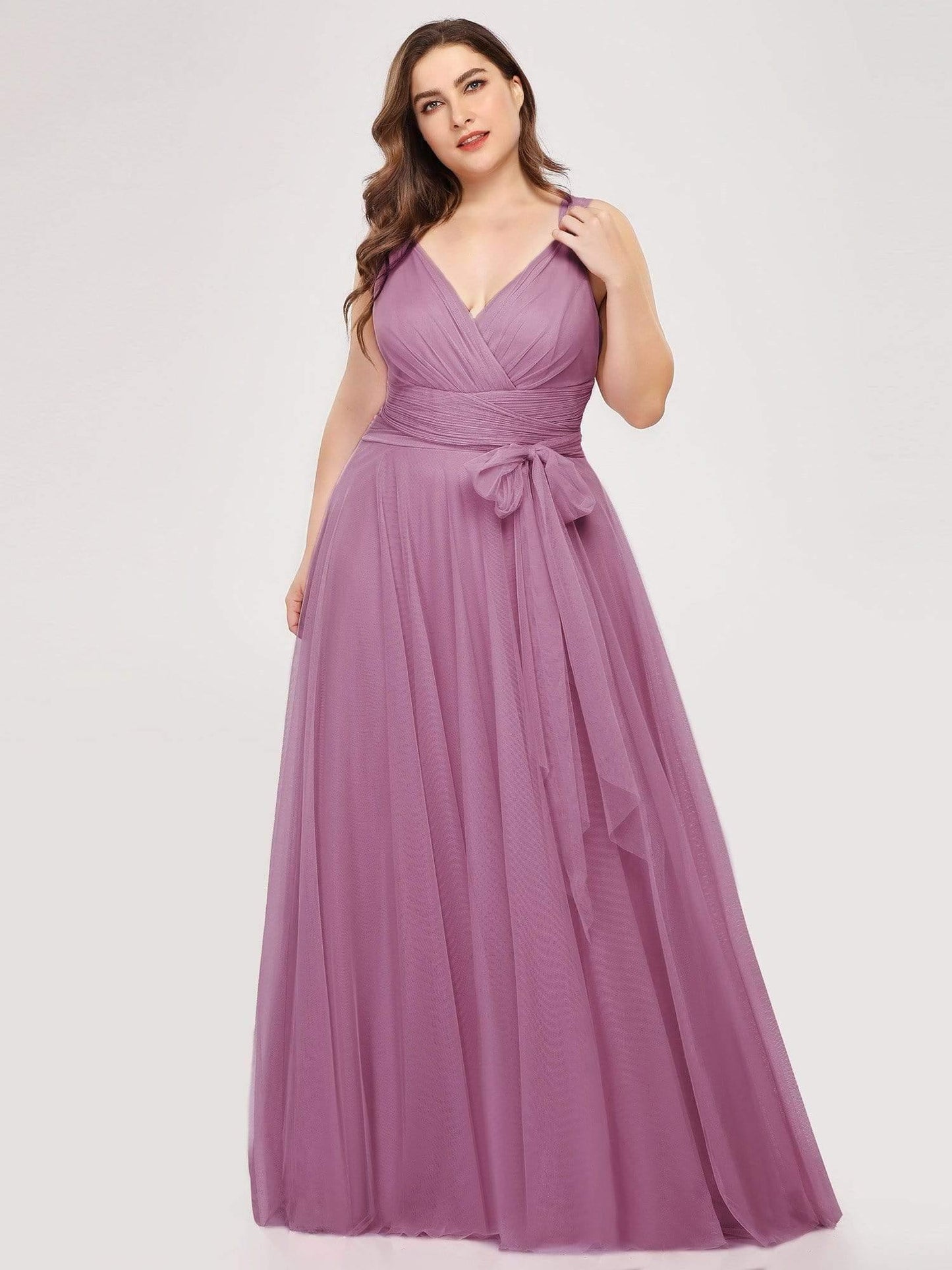 Plus Size Double V Neck Maxi Tulle Bridesmaid Dress