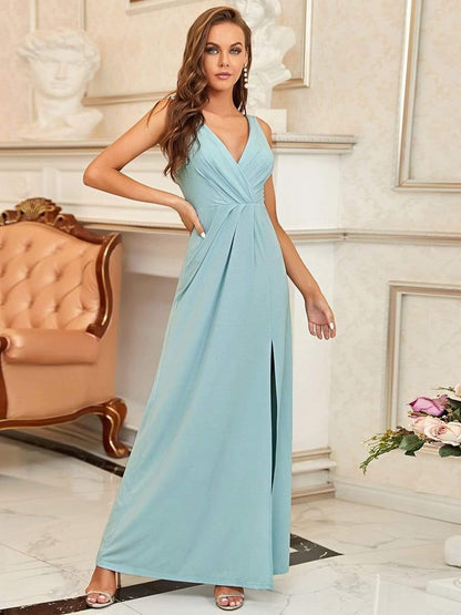 Floor Length V Neck Shiny Evening Dress with Side Slit