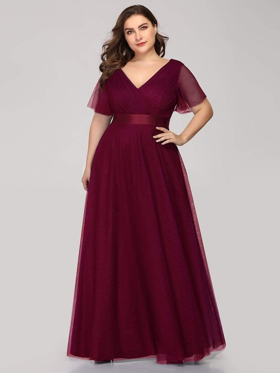 pretty MISTE|Women's Floor-Length Plus Size Formal Bridesmaid Dress with Short Sleeve