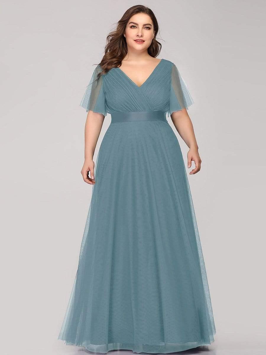 pretty MISTE|Women's Floor-Length Plus Size Formal Bridesmaid Dress with Short Sleeve