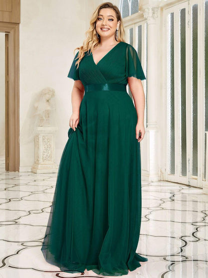 pretty MISTE|Women's Floor-Length Plus Size Formal Bridesmaid Dress with Short Sleeve
