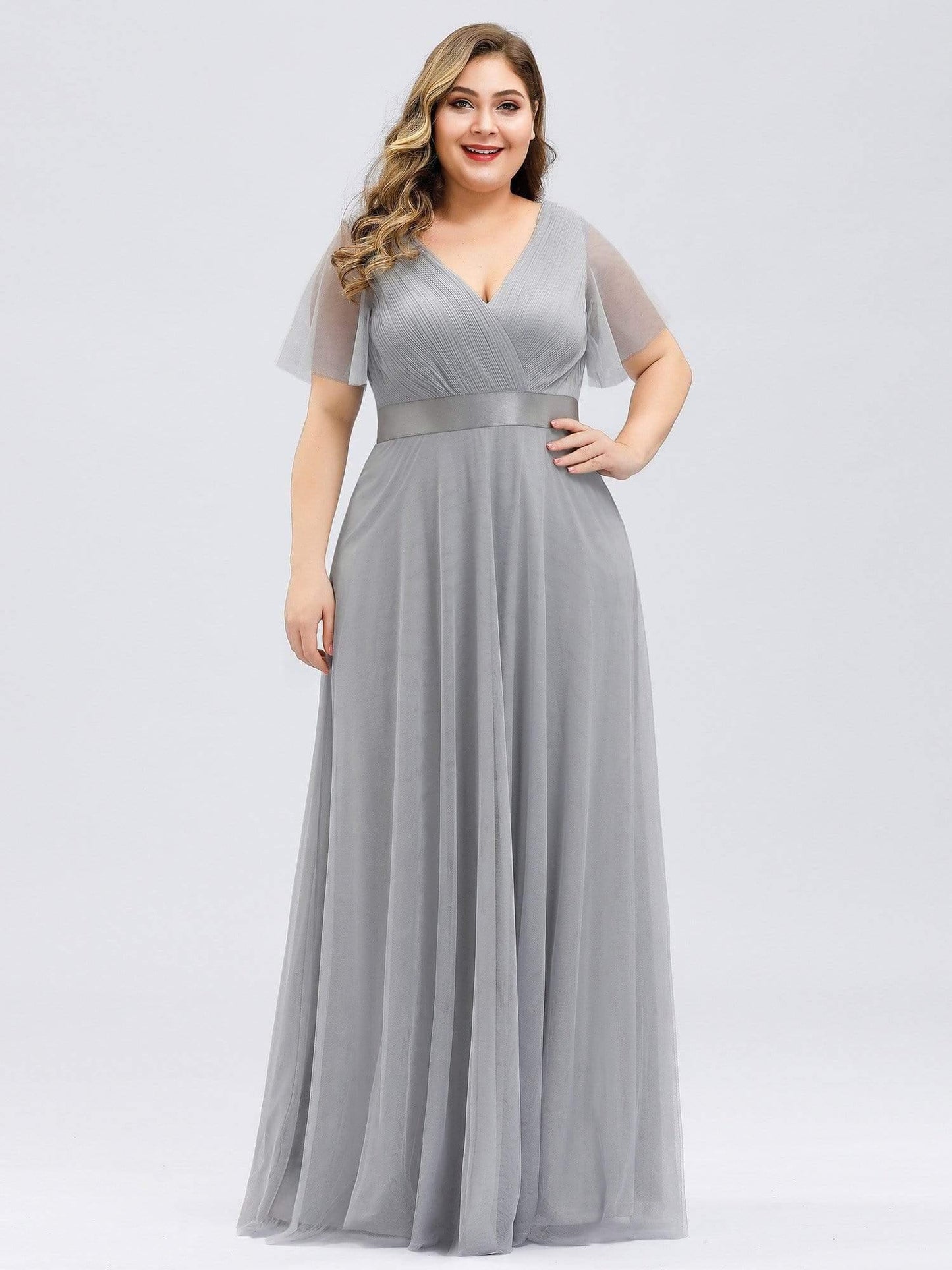 pretty MISTE|Women's Floor-Length Plus Size Formal Bridesmaid Dress with Short Sleeve