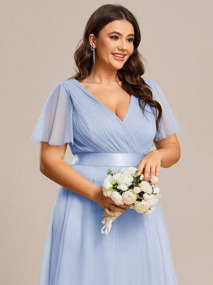 pretty MISTE|Women's Floor-Length Plus Size Formal Bridesmaid Dress with Short Sleeve