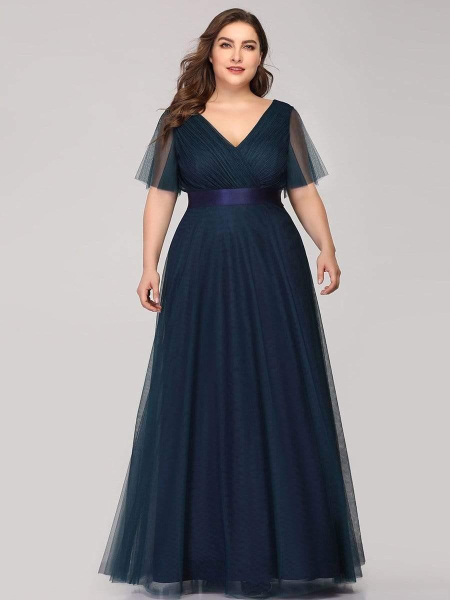 pretty MISTE|Women's Floor-Length Plus Size Formal Bridesmaid Dress with Short Sleeve
