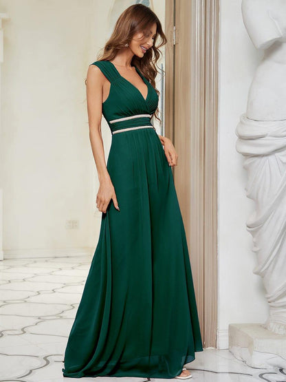 V-Neck Sleeveless Beaded Belt Chiffon A-Line Evening Dress