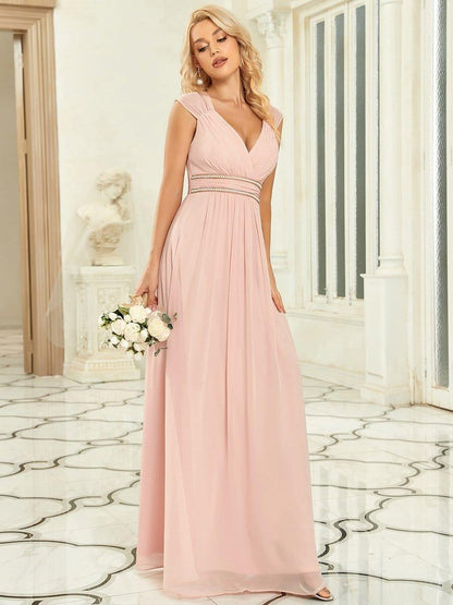 V-Neck Sleeveless Beaded Belt Chiffon A-Line Evening Dress