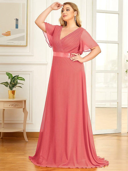 pretty MONICA|Plus Size Simple Empire Waist Flutter Sleeve Evening Dress