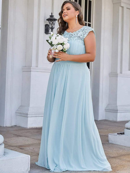Plus Size Elegant Maxi Long Lace Cap Sleeve Bridesmaid Dress