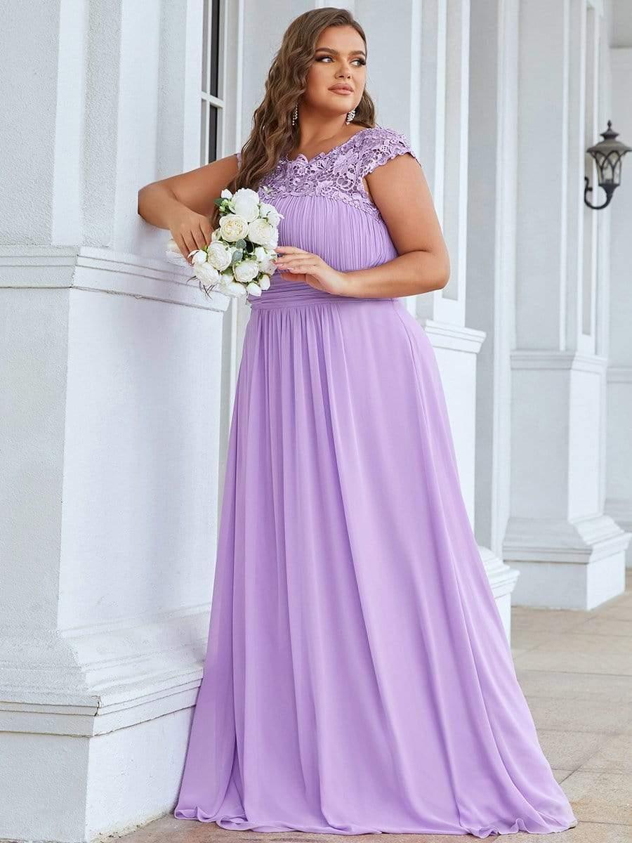 Plus Size Elegant Maxi Long Lace Cap Sleeve Bridesmaid Dress