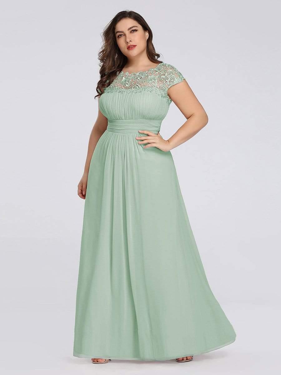 Plus Size Elegant Maxi Long Lace Cap Sleeve Bridesmaid Dress