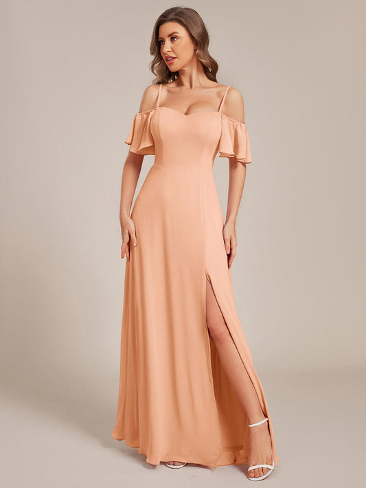 ever REYA|Off Shoulder High Slit Chiffon Flowy Bridesmaid Dress
