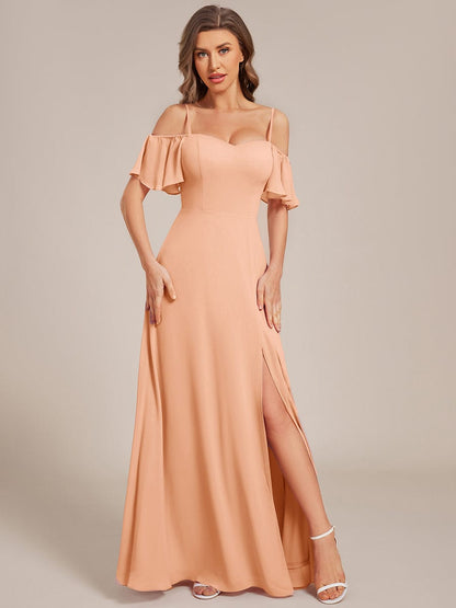 ever REYA|Off Shoulder High Slit Chiffon Flowy Bridesmaid Dress
