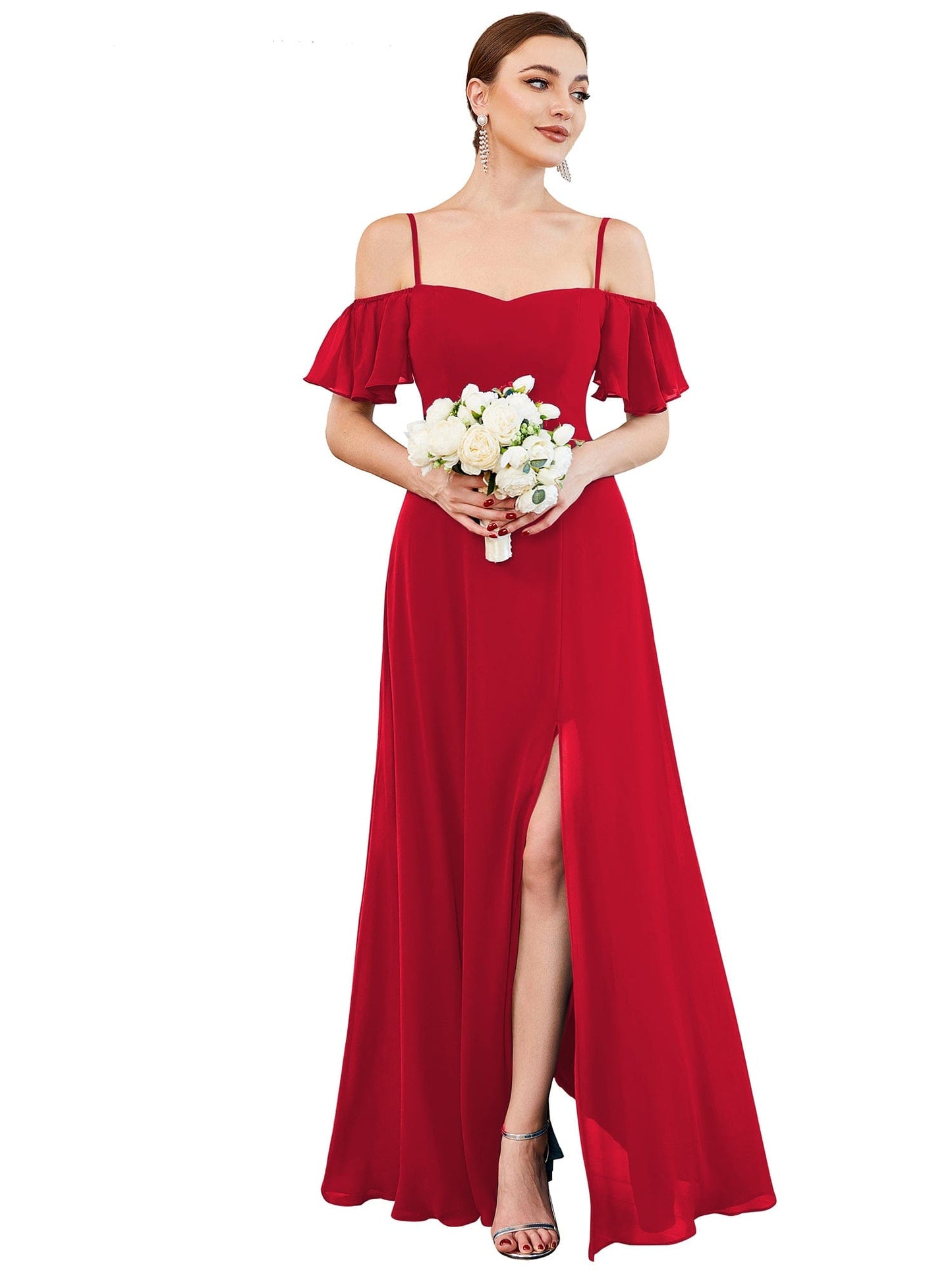ever REYA|Off Shoulder High Slit Chiffon Flowy Bridesmaid Dress