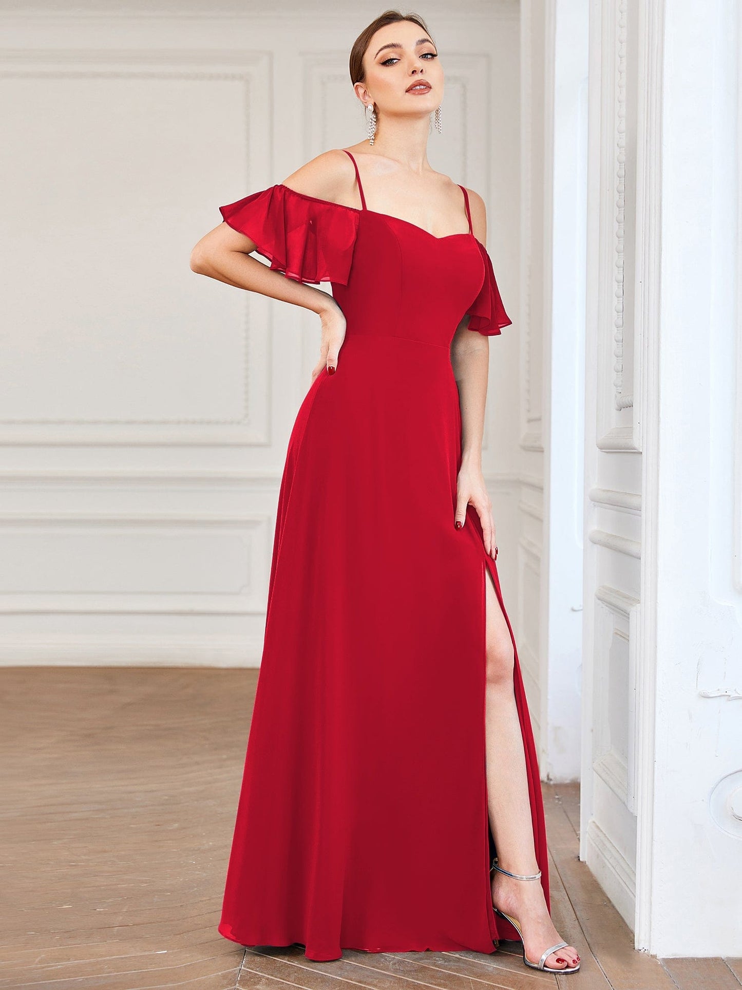 ever REYA|Off Shoulder High Slit Chiffon Flowy Bridesmaid Dress
