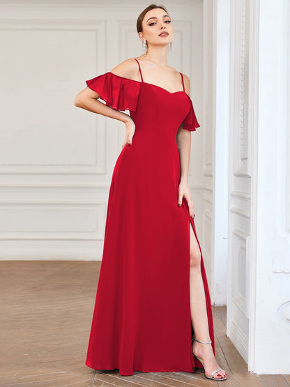 ever REYA|Off Shoulder High Slit Chiffon Flowy Bridesmaid Dress