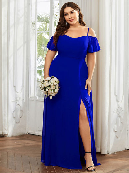ever REYA|Off Shoulder High Slit Chiffon Flowy Bridesmaid Dress